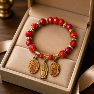 Catholic Virgin Mary Medal Charms Red Orange Beads Rosary Stretch Bracelet